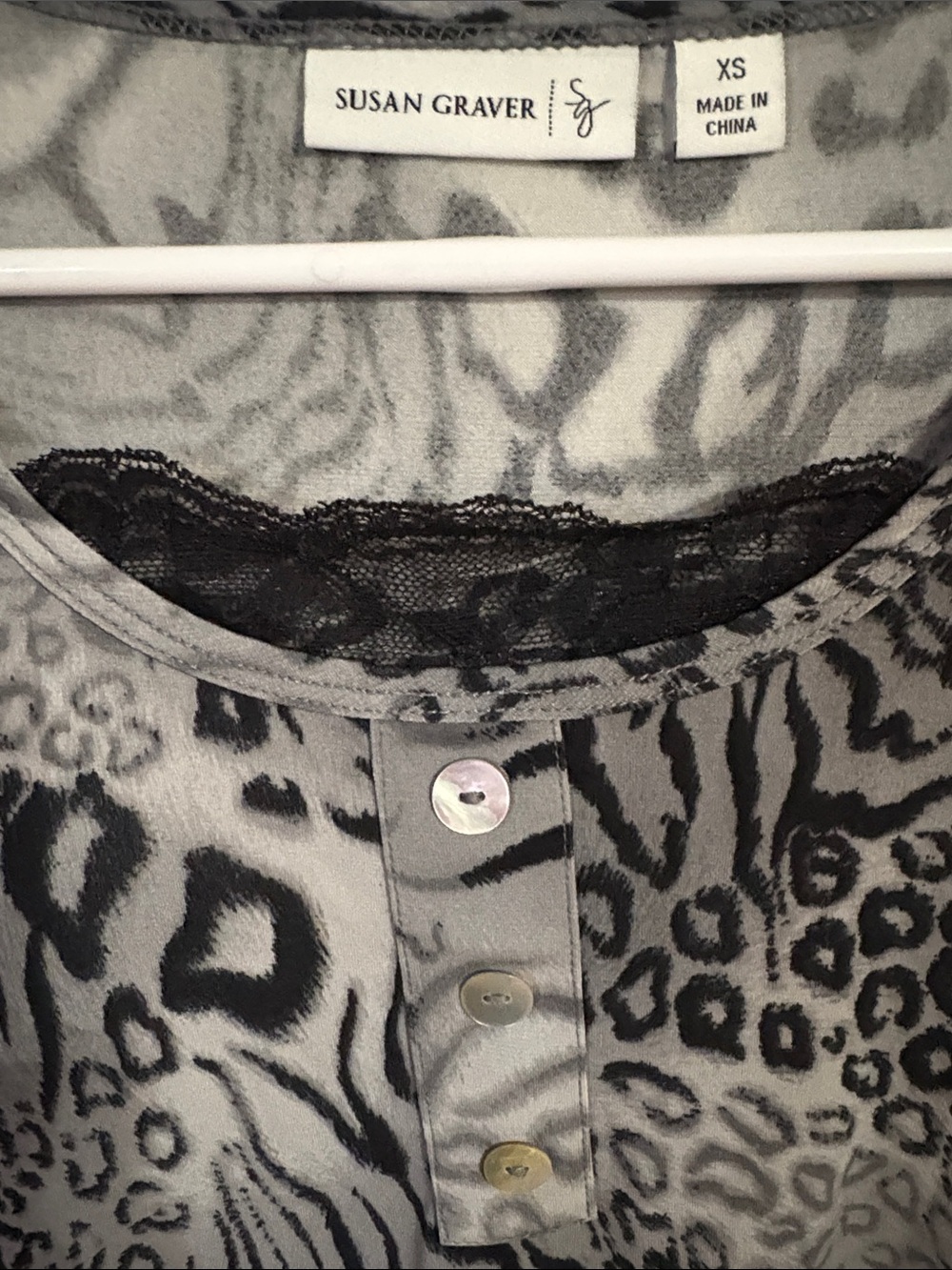 Susan Graver Black and Gray Animal Print Henley - Picture 3 of 5